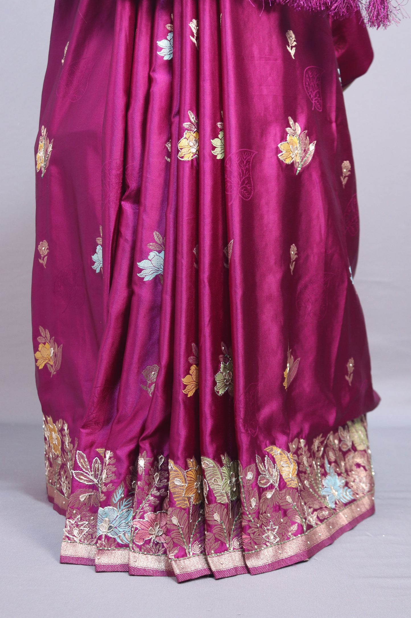 Rani Pink Silk Saree with Multicolor Floral Embroidery Zari Border