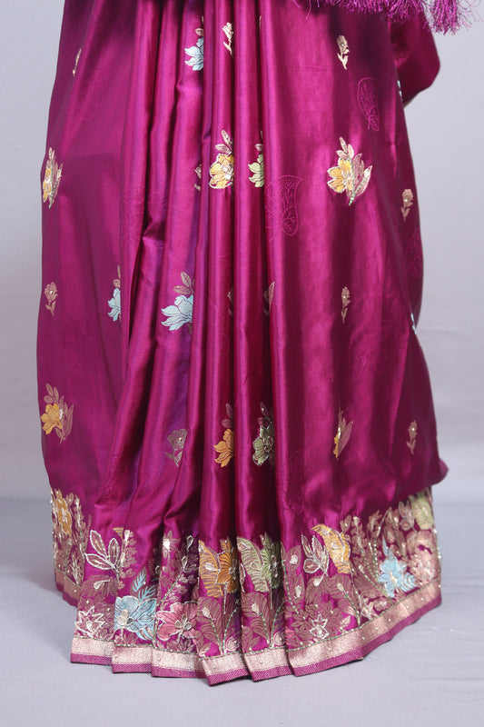 Rani Pink Silk Saree with Multicolor Floral Embroidery Zari Border
