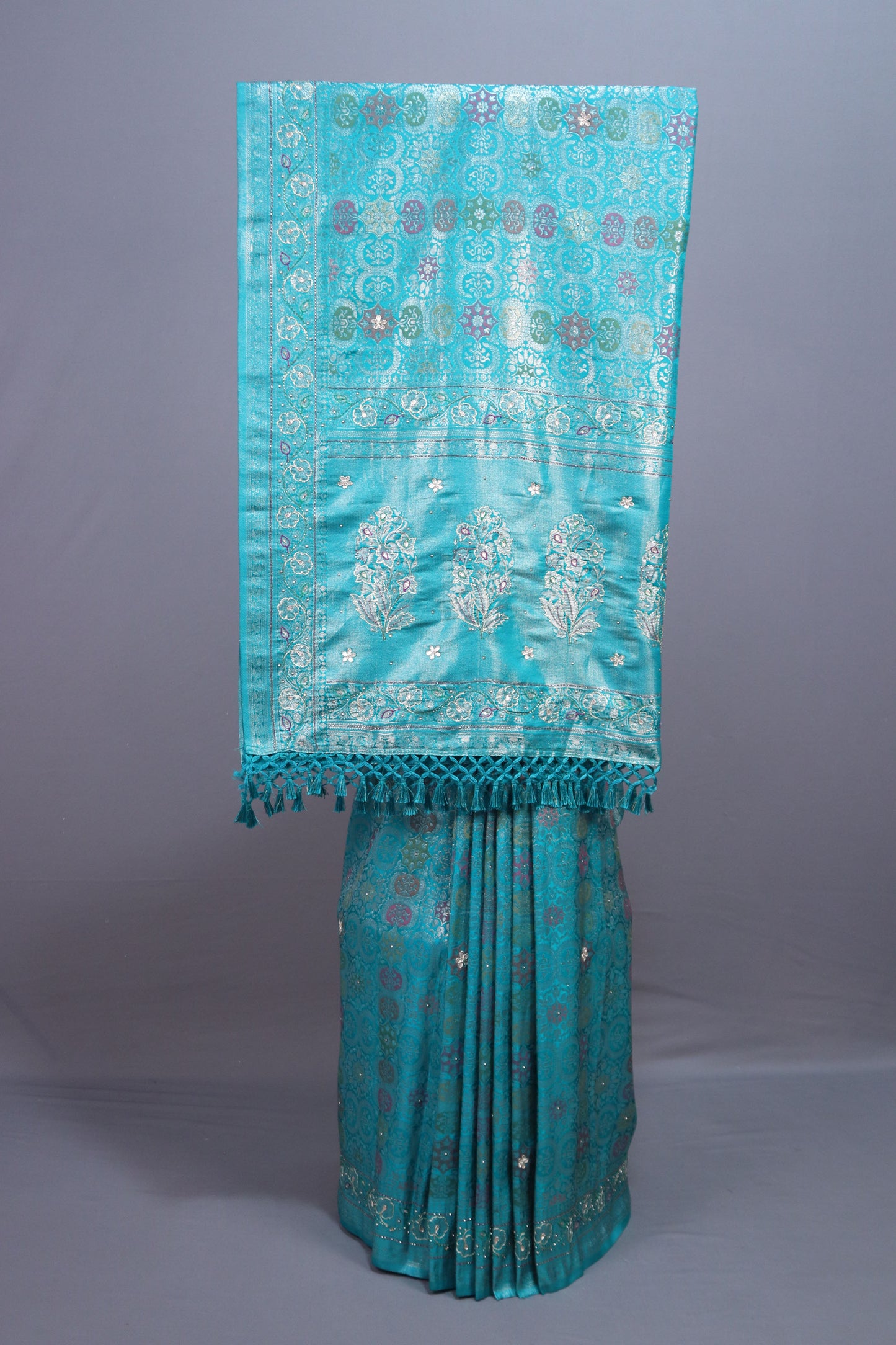 Turquoise Blue Banarasi Silk Saree with Zari Weaving Floral Pallu