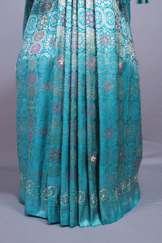 Turquoise Blue Banarasi Silk Saree with Zari Weaving Floral Pallu