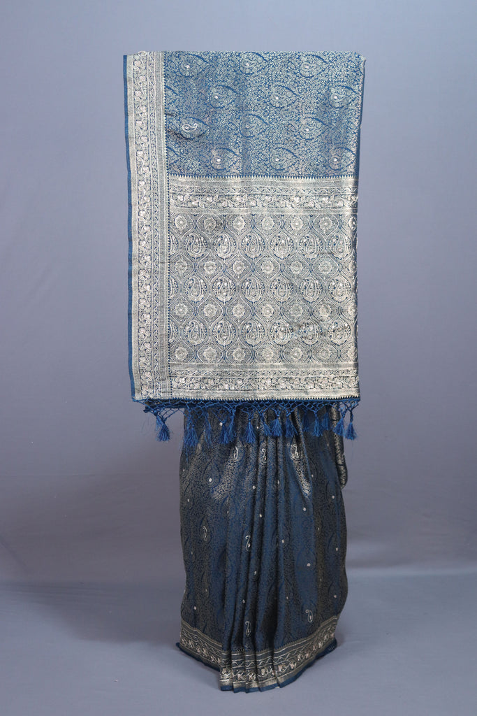 Blue Banarasi Silk Saree with Silver Zari Weaving Rich Brocade Pallu