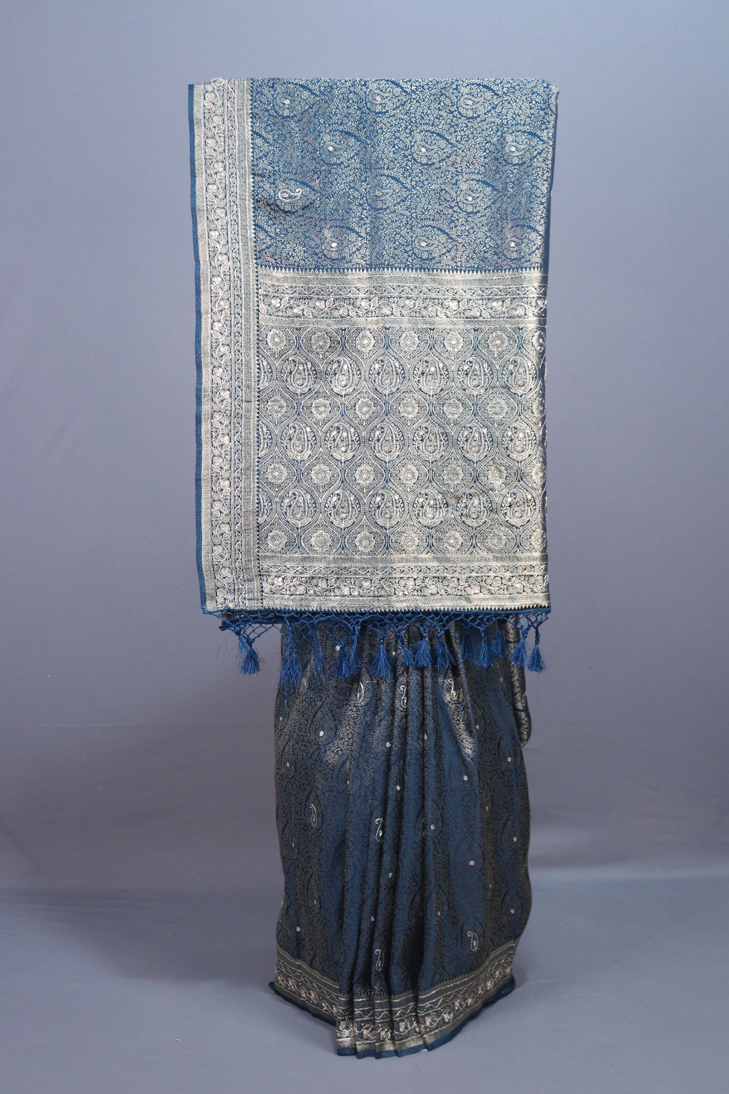 Blue Banarasi Silk Saree with Silver Zari Weaving Rich Brocade Pallu