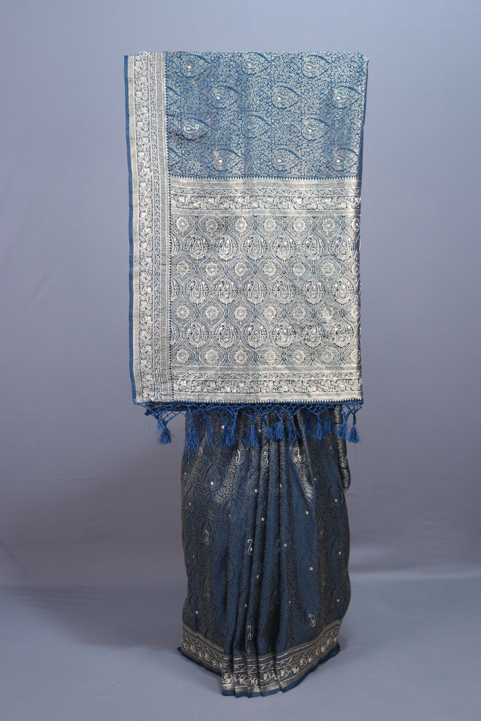 Blue Banarasi Silk Saree with Silver Zari Weaving Rich Brocade Pallu
