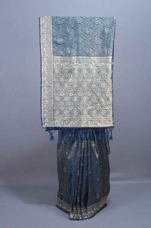 Blue Banarasi Silk Saree with Silver Zari Weaving Rich Brocade Pallu