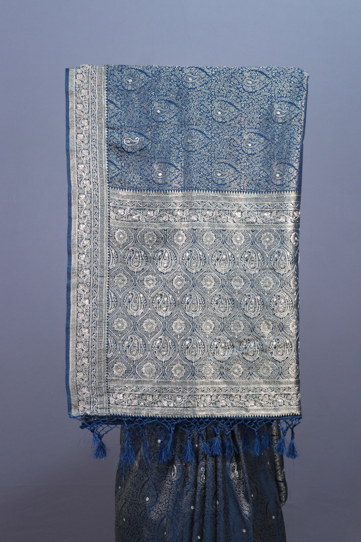 Blue Banarasi Silk Saree with Silver Zari Weaving Rich Brocade Pallu