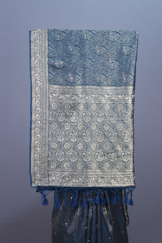 Blue Banarasi Silk Saree with Silver Zari Weaving Rich Brocade Pallu