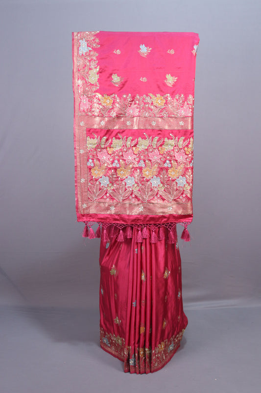 Hot Pink Silk Saree with Multicolor Floral Embroidery Zari Border