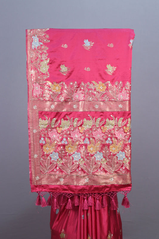 Hot Pink Silk Saree with Multicolor Floral Embroidery Zari Border
