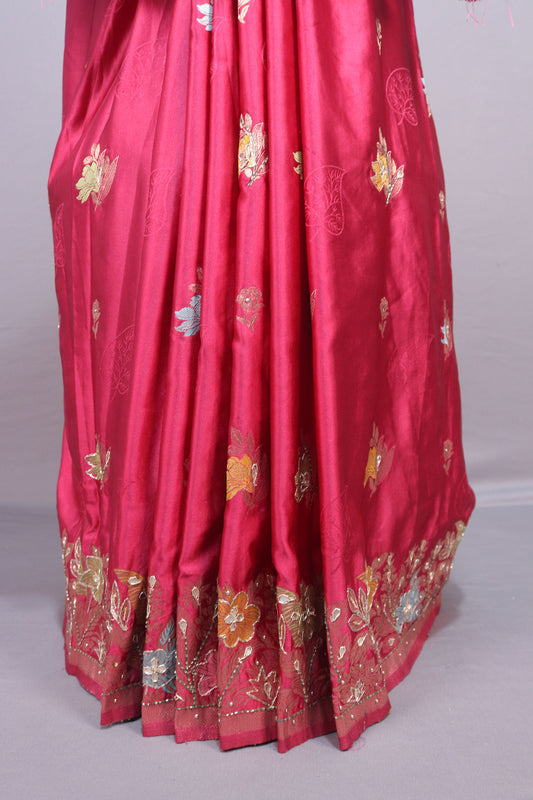 Hot Pink Silk Saree with Multicolor Floral Embroidery Zari Border