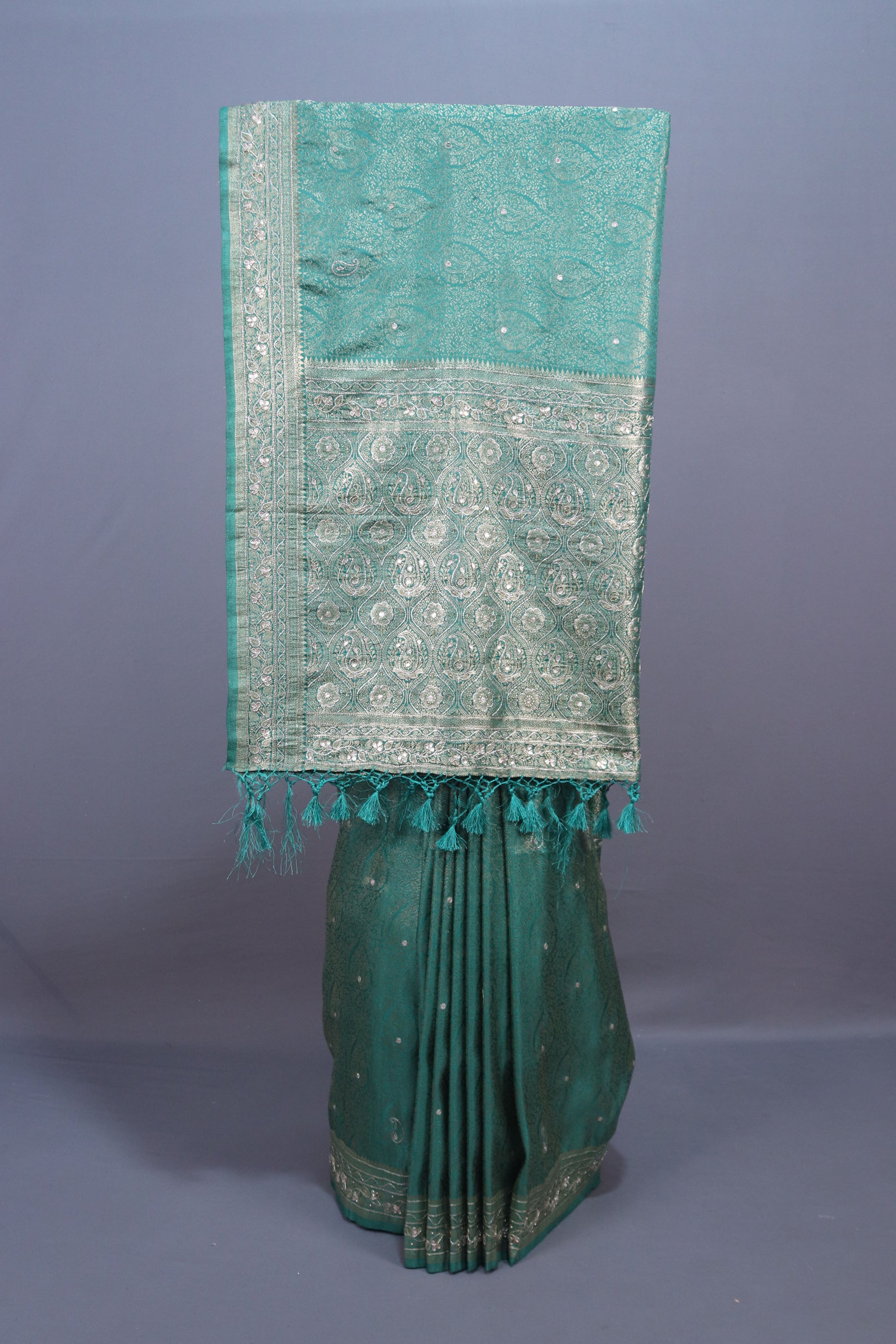 Green Banarasi Silk Saree with Silver Zari Weaving Brocade Pallu