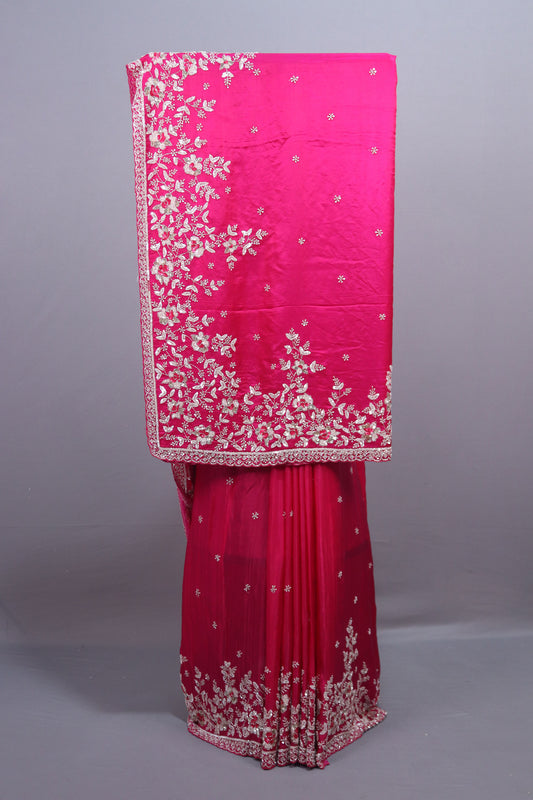 Rani Pink Designer Silk Saree with Silver Floral Embroidery Border