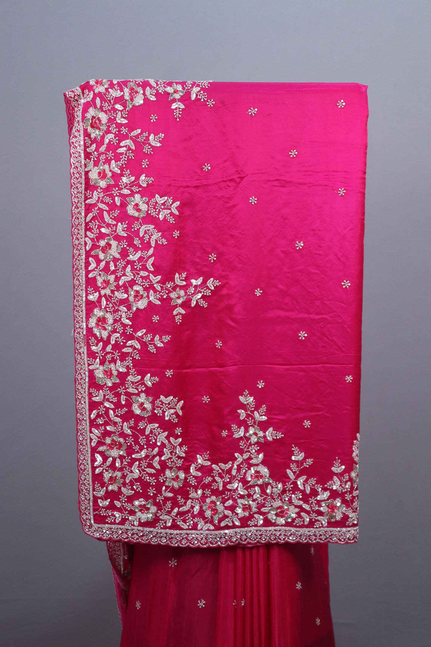 Rani Pink Designer Silk Saree with Silver Floral Embroidery Border
