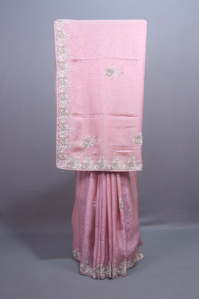Blush Pink Silk Saree with Silver Floral Embroidery Border