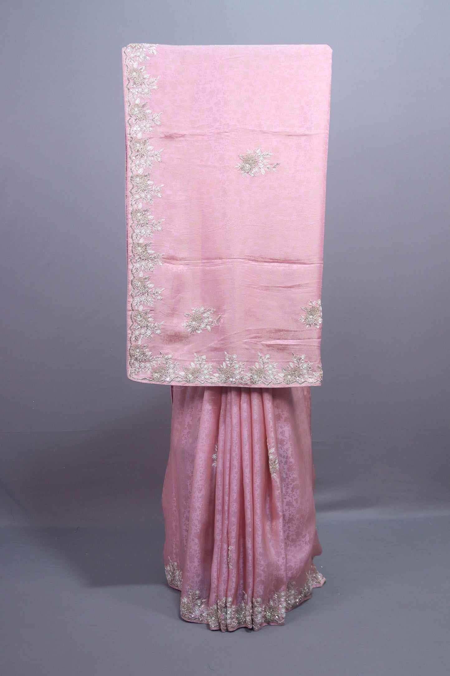 Blush Pink Silk Saree with Silver Floral Embroidery Border