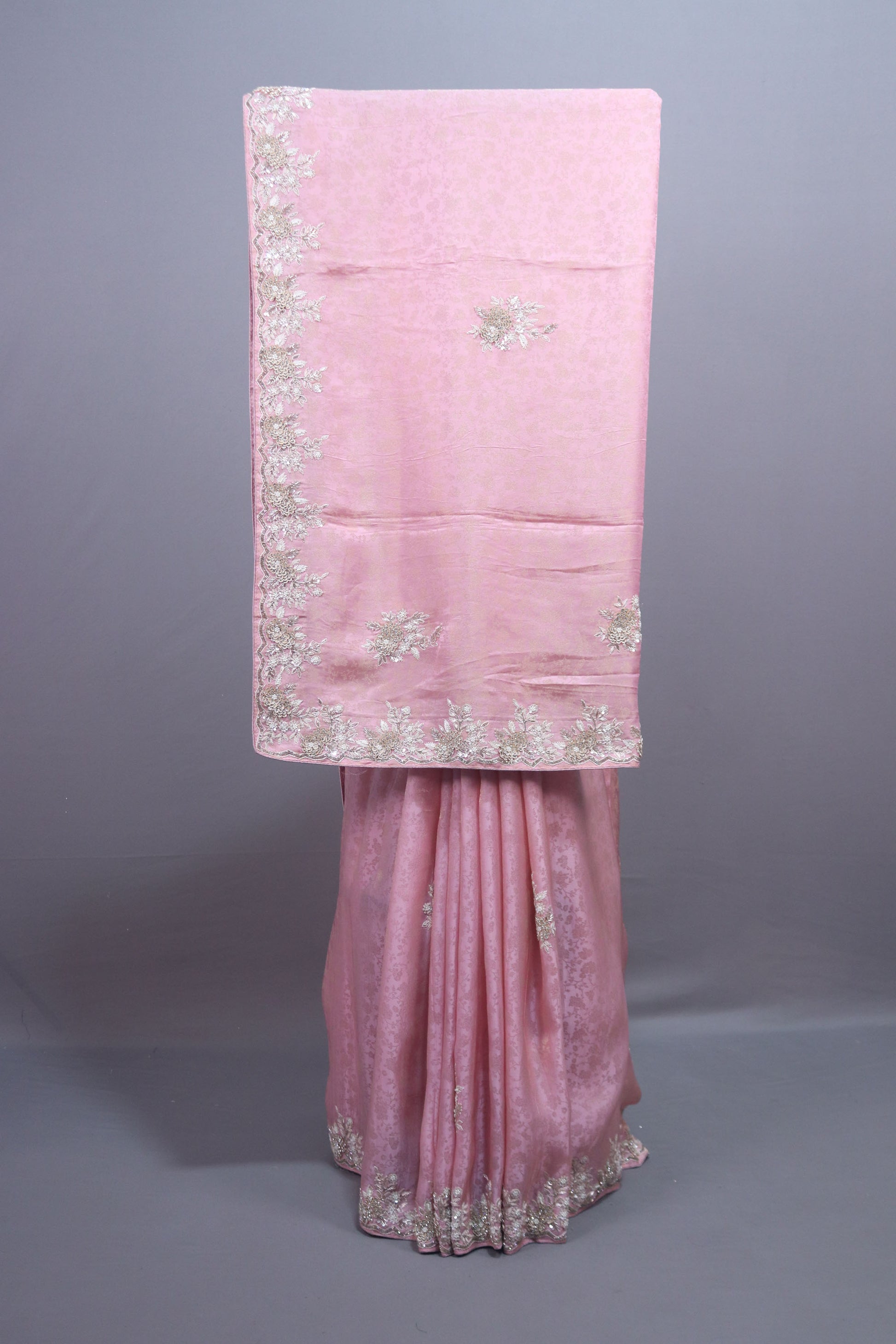Blush Pink Silk Saree with Silver Floral Embroidery Border