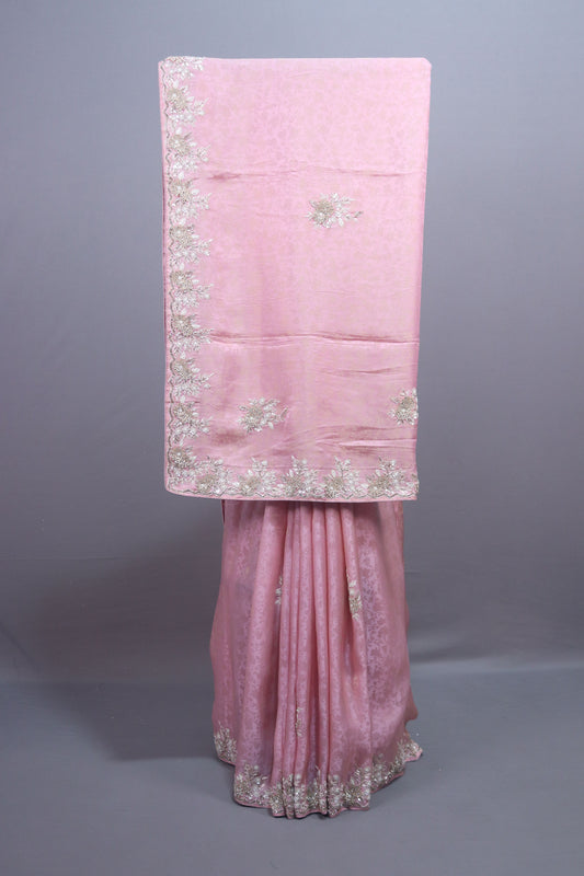 Blush Pink Silk Saree with Silver Floral Embroidery Border