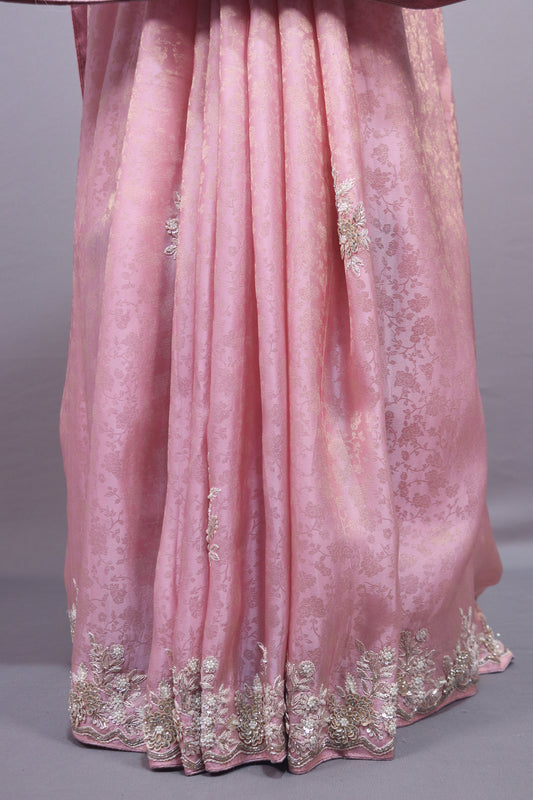 Blush Pink Silk Saree with Silver Floral Embroidery Border