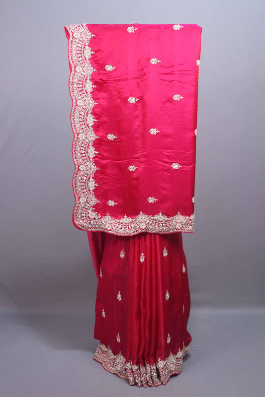Hot Pink Silk Saree Heavy Zari Embroidered Border Buti Work 