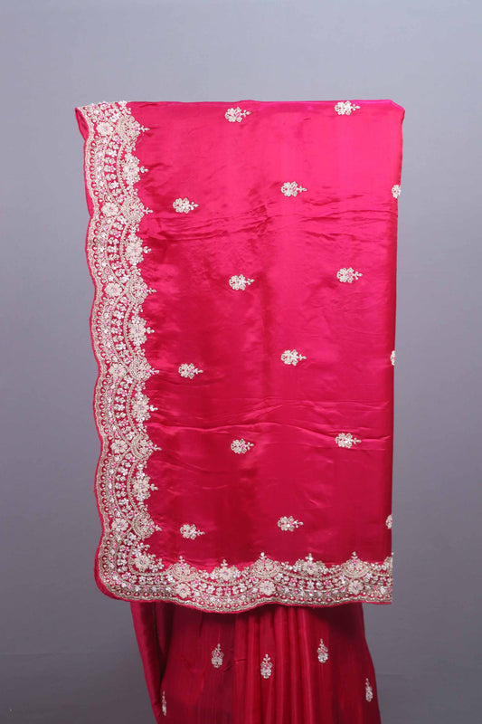 Hot Pink Silk Saree Heavy Zari Embroidered Border Buti Work