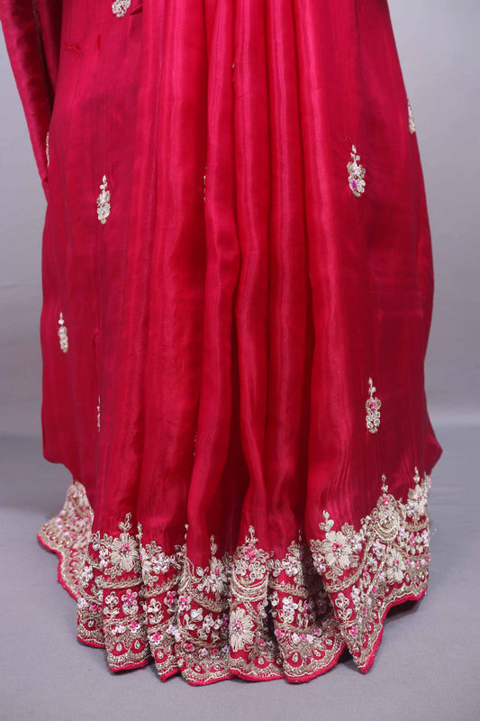 Hot Pink Silk Saree Heavy Zari Embroidered Border Buti Work