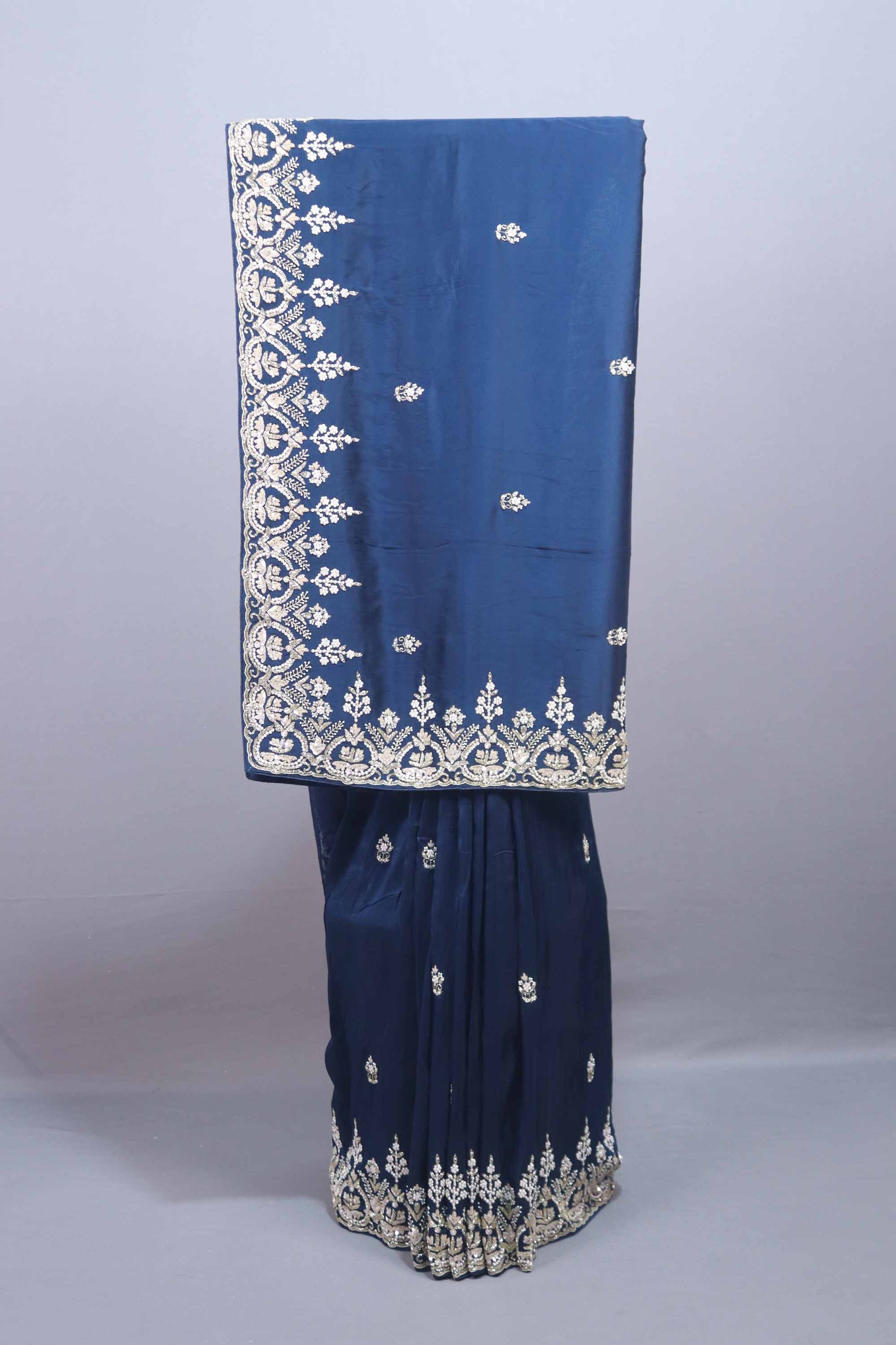 Navy Blue Silk Saree with Heavy Zari Embroidered Border Buti Work 