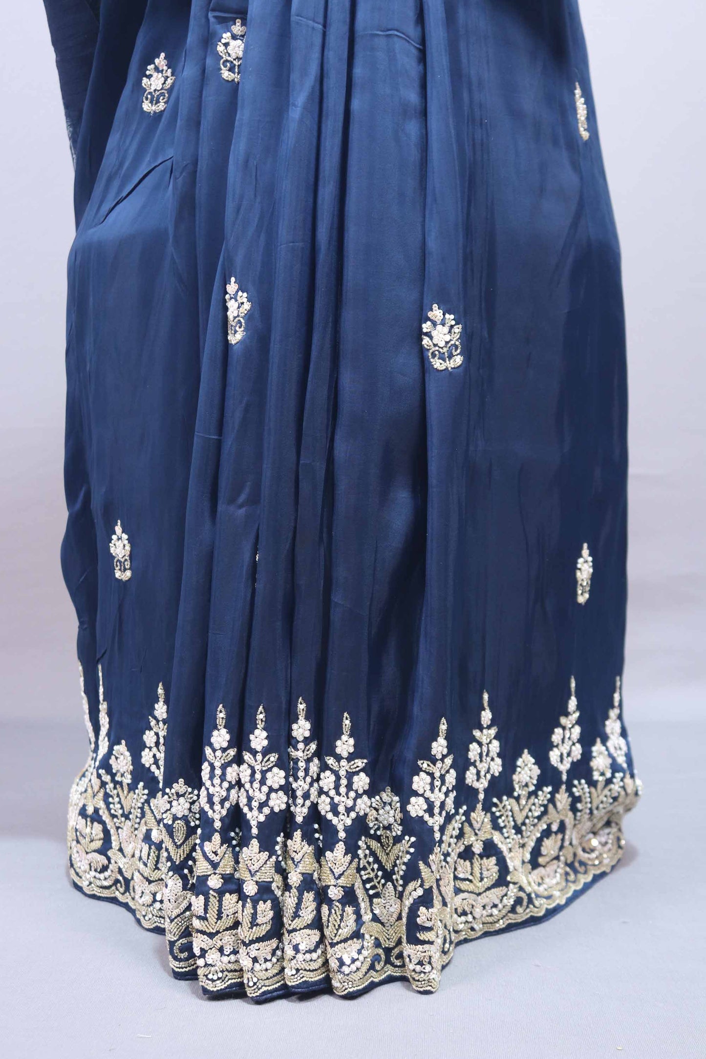 Navy Blue Silk Saree with Heavy Zari Embroidered Border Buti Work