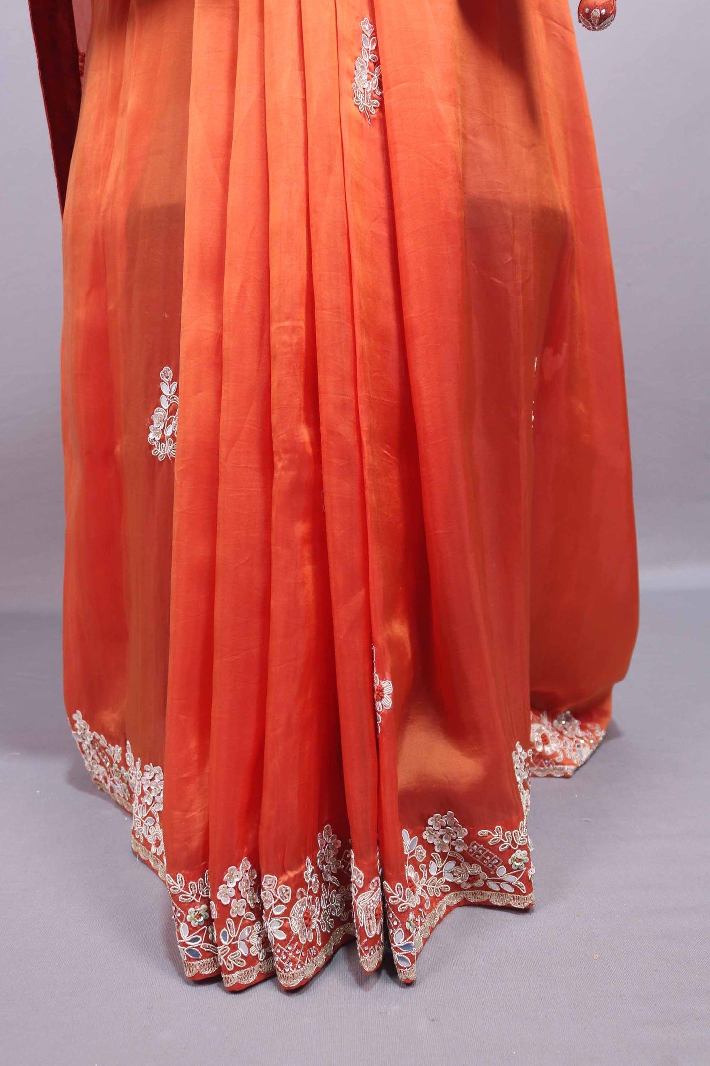 Orange Silk Saree with Floral Zari Embroidered Border Buti Work