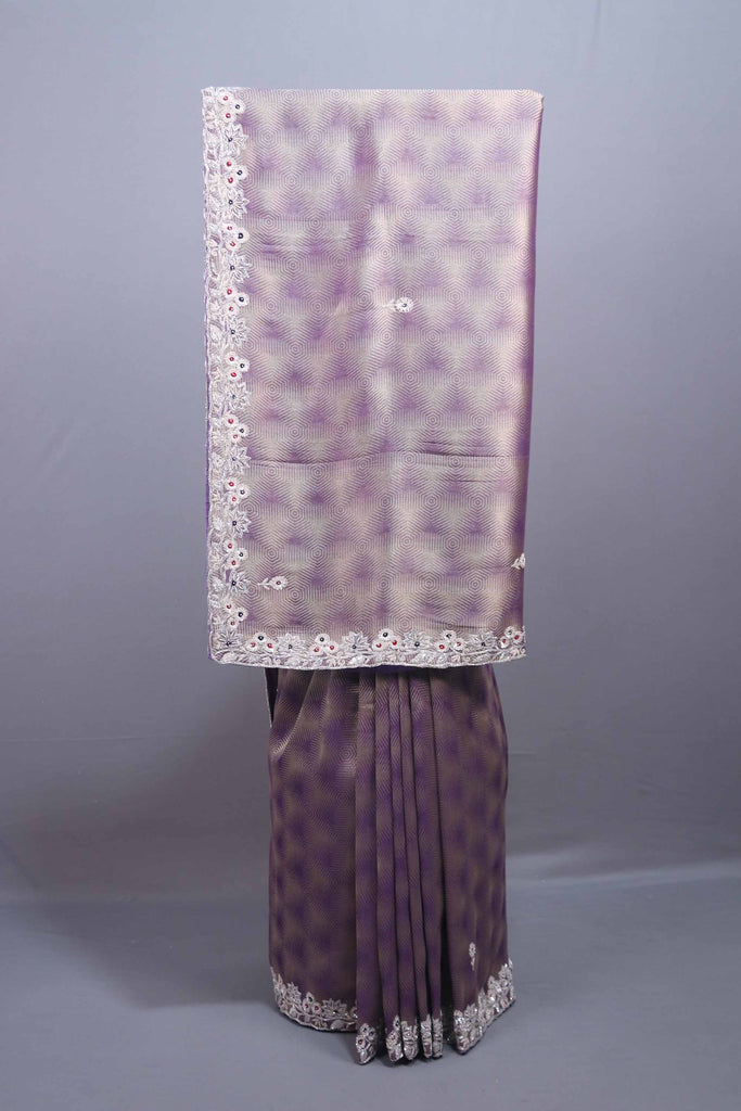 Lavender Purple Silk Saree Geometric Pattern Floral Zari Embroidered Border 