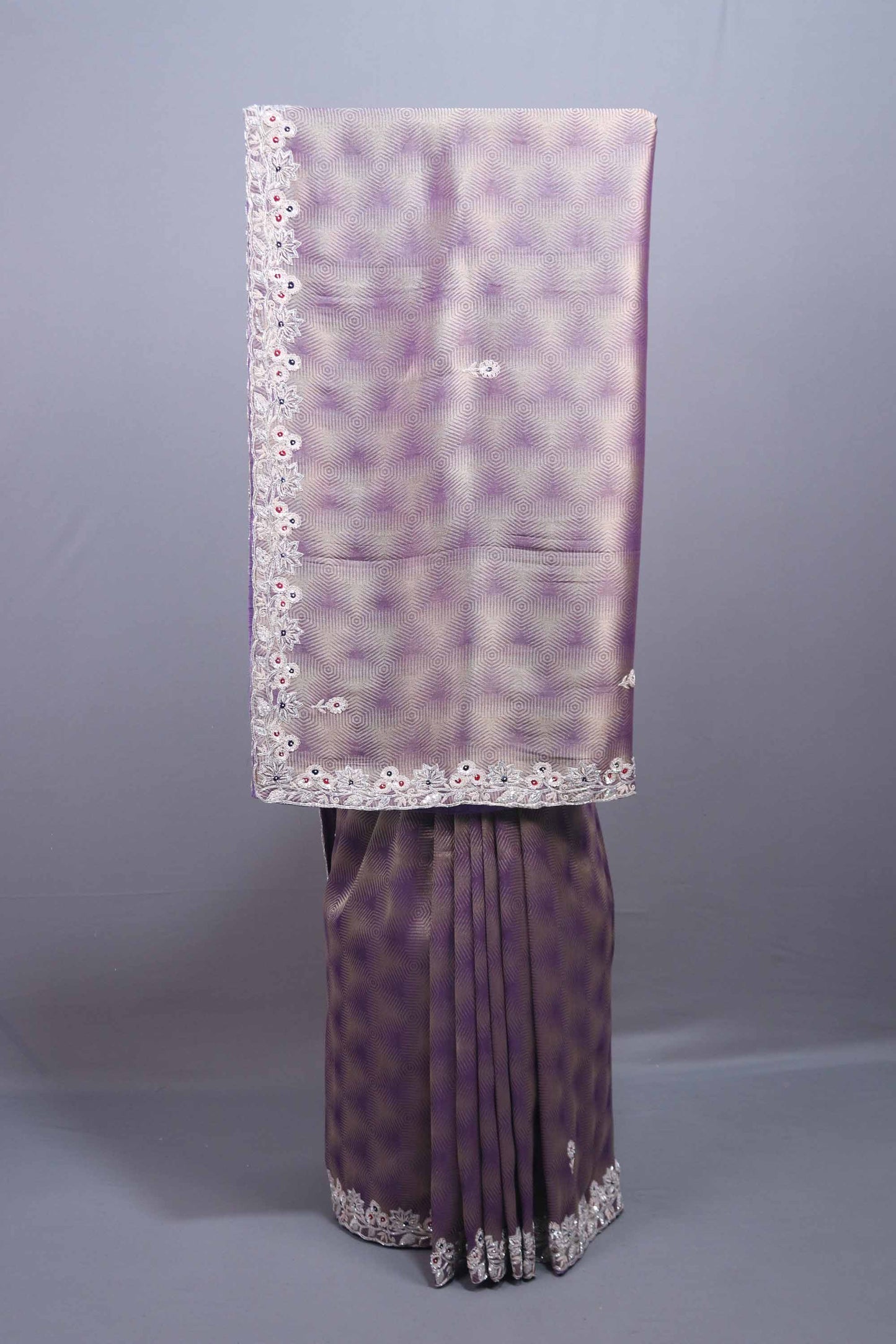 Lavender Purple Silk Saree Geometric Pattern Floral Zari Embroidered Border 