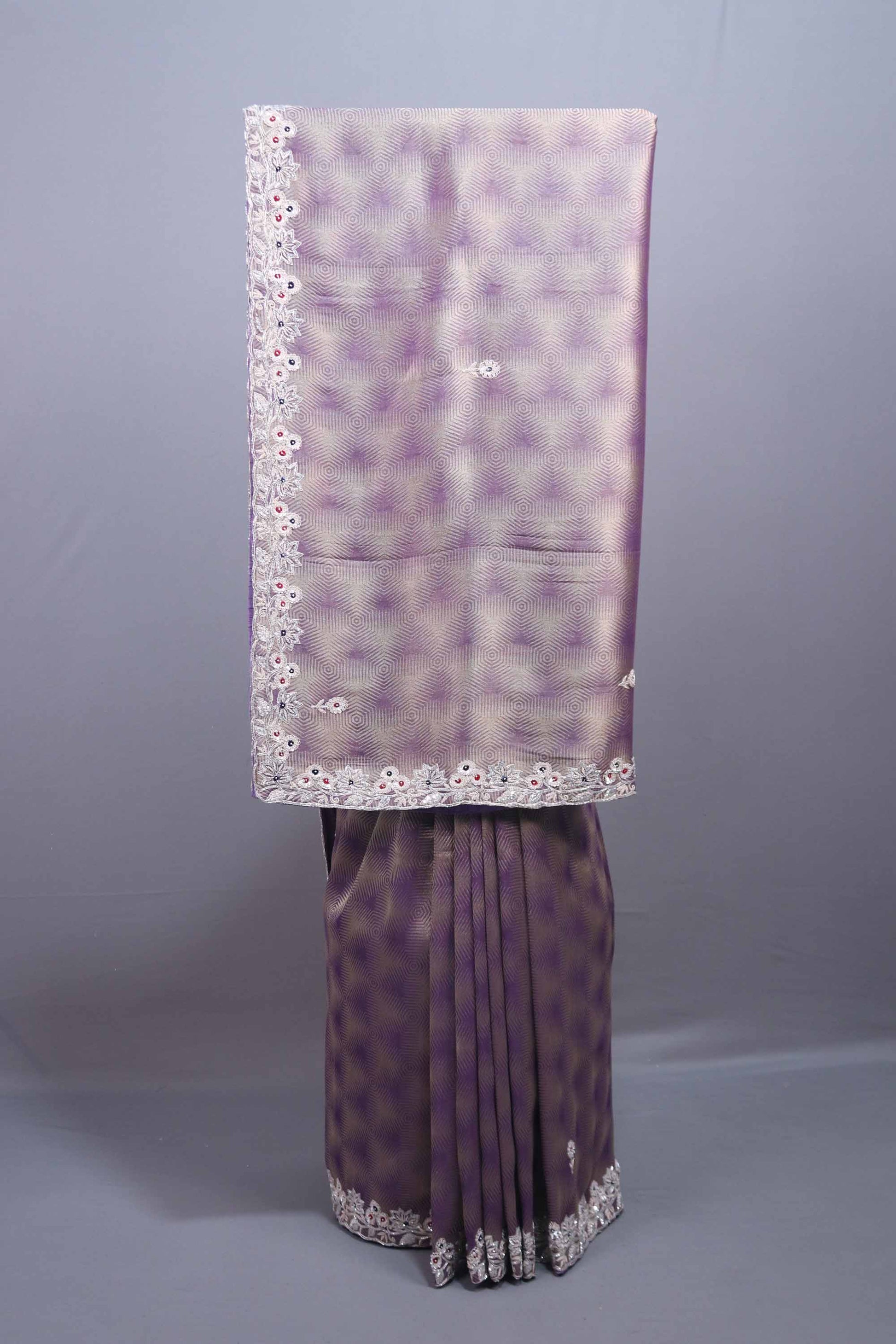 Lavender Purple Silk Saree Geometric Pattern Floral Zari Embroidered Border 