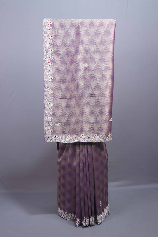 Lavender Purple Silk Saree Geometric Pattern Floral Zari Embroidered Border 