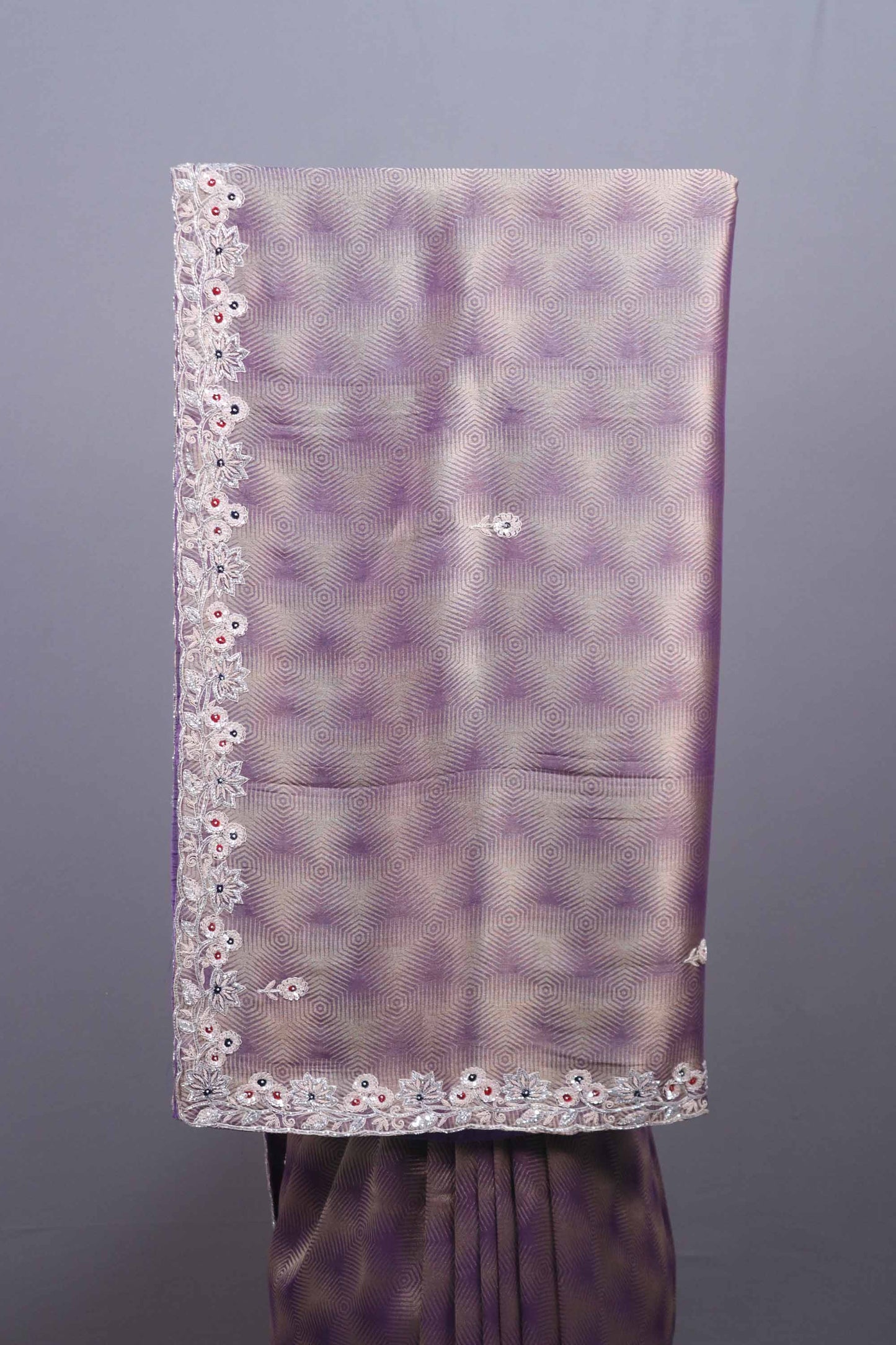 Lavender Purple Silk Saree Geometric Pattern Floral Zari Embroidered Border