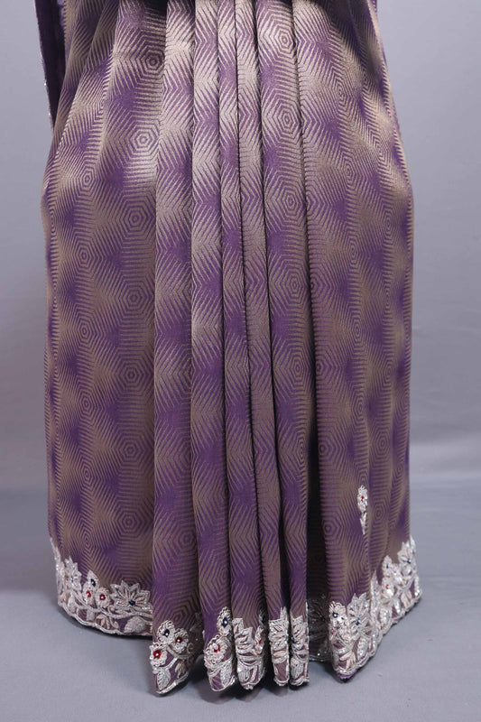 Lavender Purple Silk Saree Geometric Pattern Floral Zari Embroidered Border