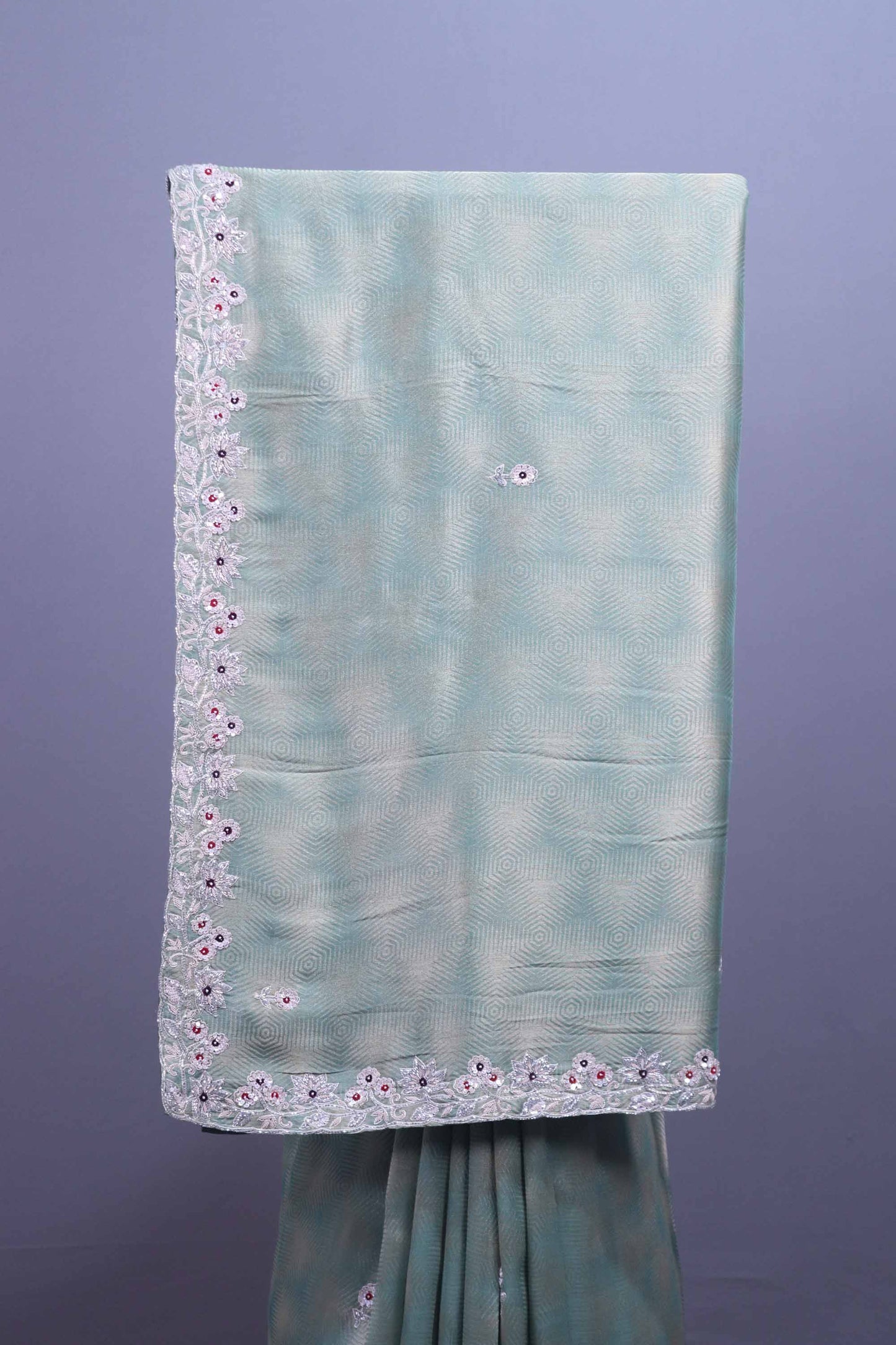 Pastel Green Silk Saree Geometric Weave Floral Zari Embroidered Border