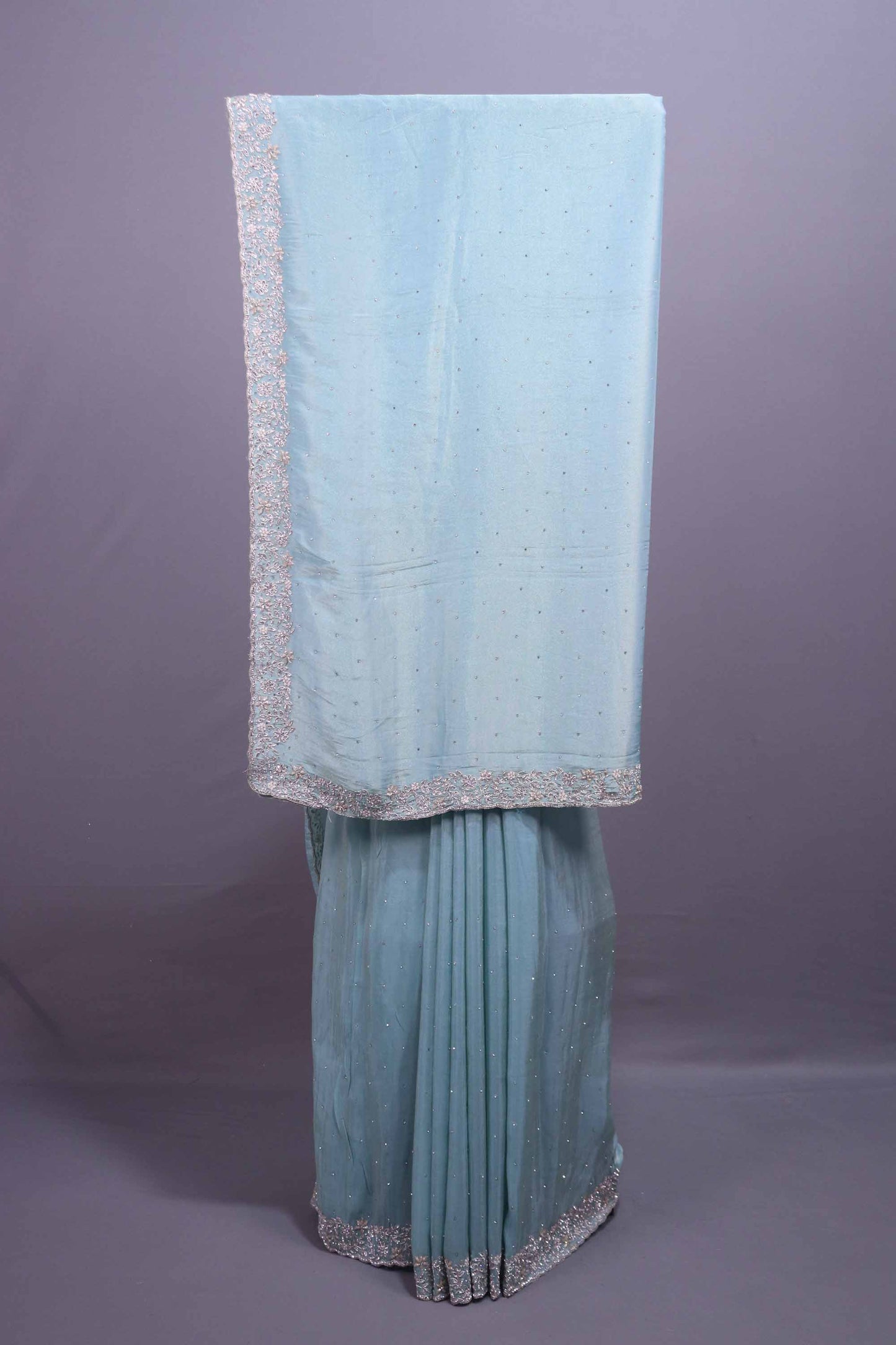 Sky Blue Georgette Saree with Sequins Buti Heavy Embroidered Border 