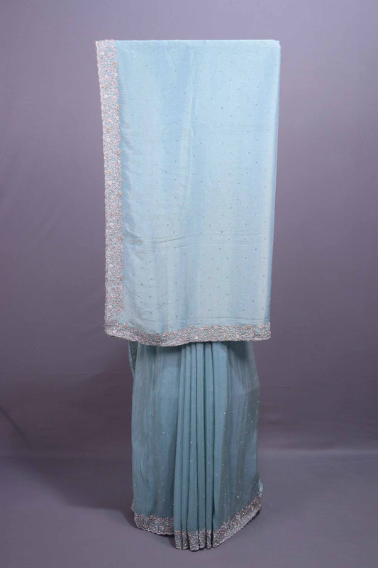 Sky Blue Georgette Saree with Sequins Buti Heavy Embroidered Border 