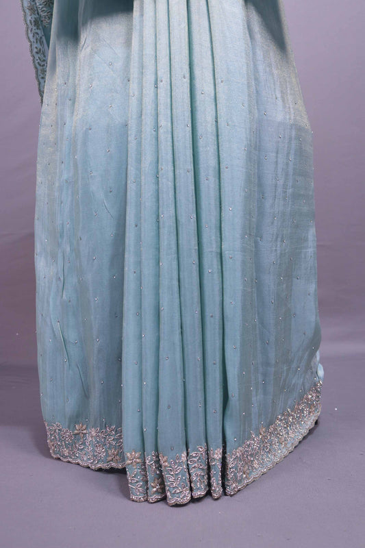 Sky Blue Georgette Saree with Sequins Buti Heavy Embroidered Border