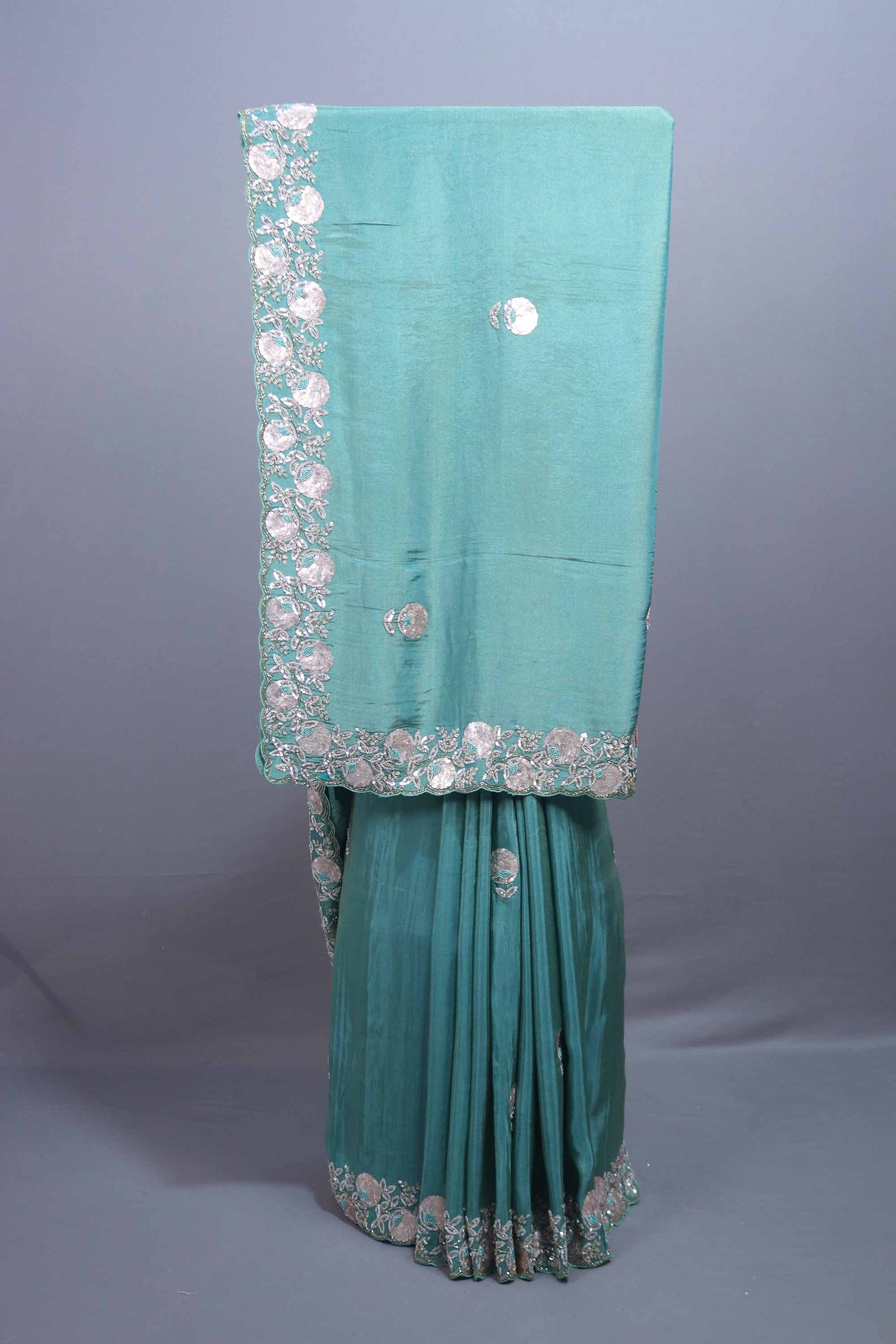 Teal Green Silk Saree Heavy Floral Zari Embroidered Border Buti Work 