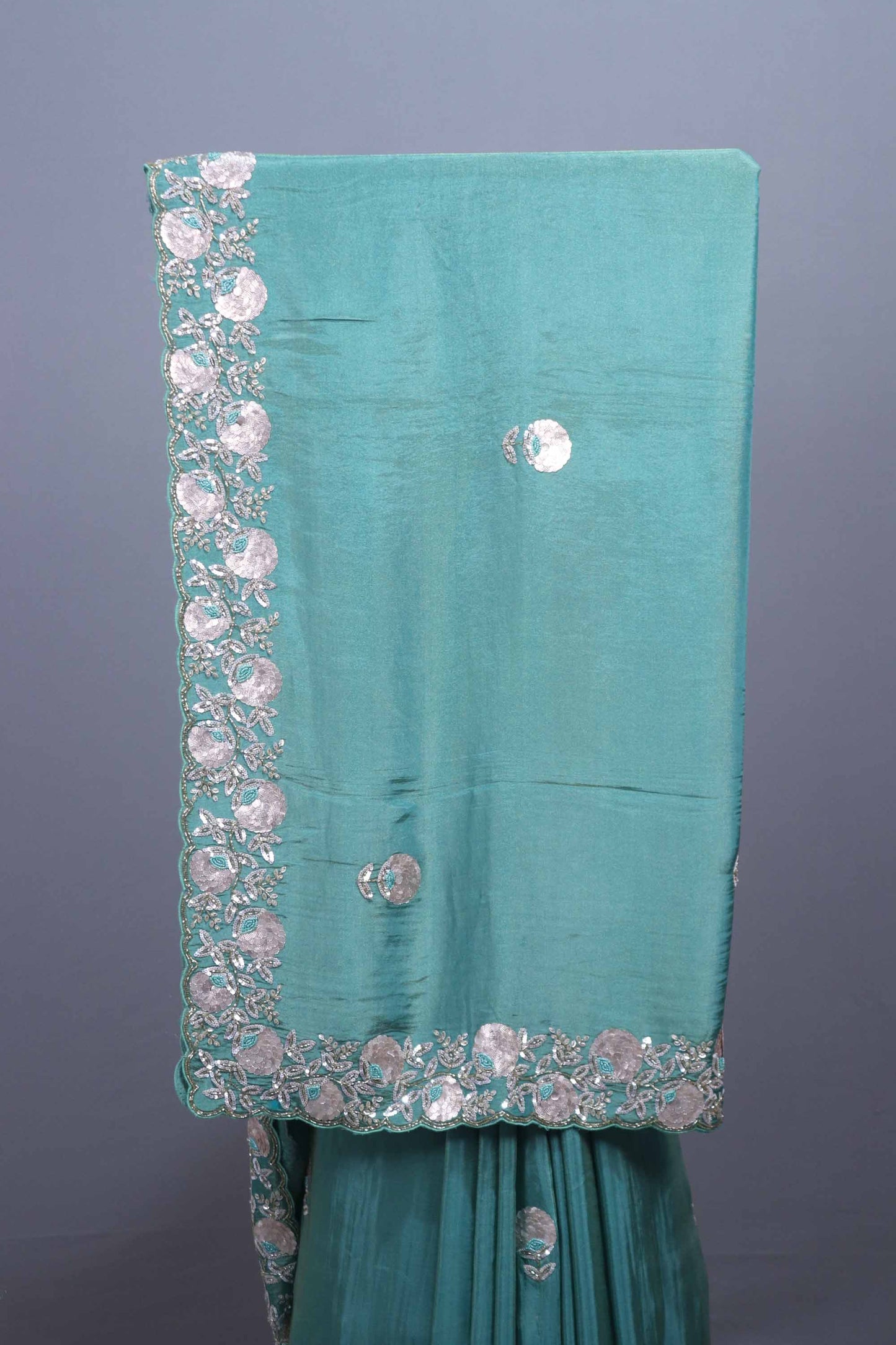 Teal Green Silk Saree Heavy Floral Zari Embroidered Border Buti Work