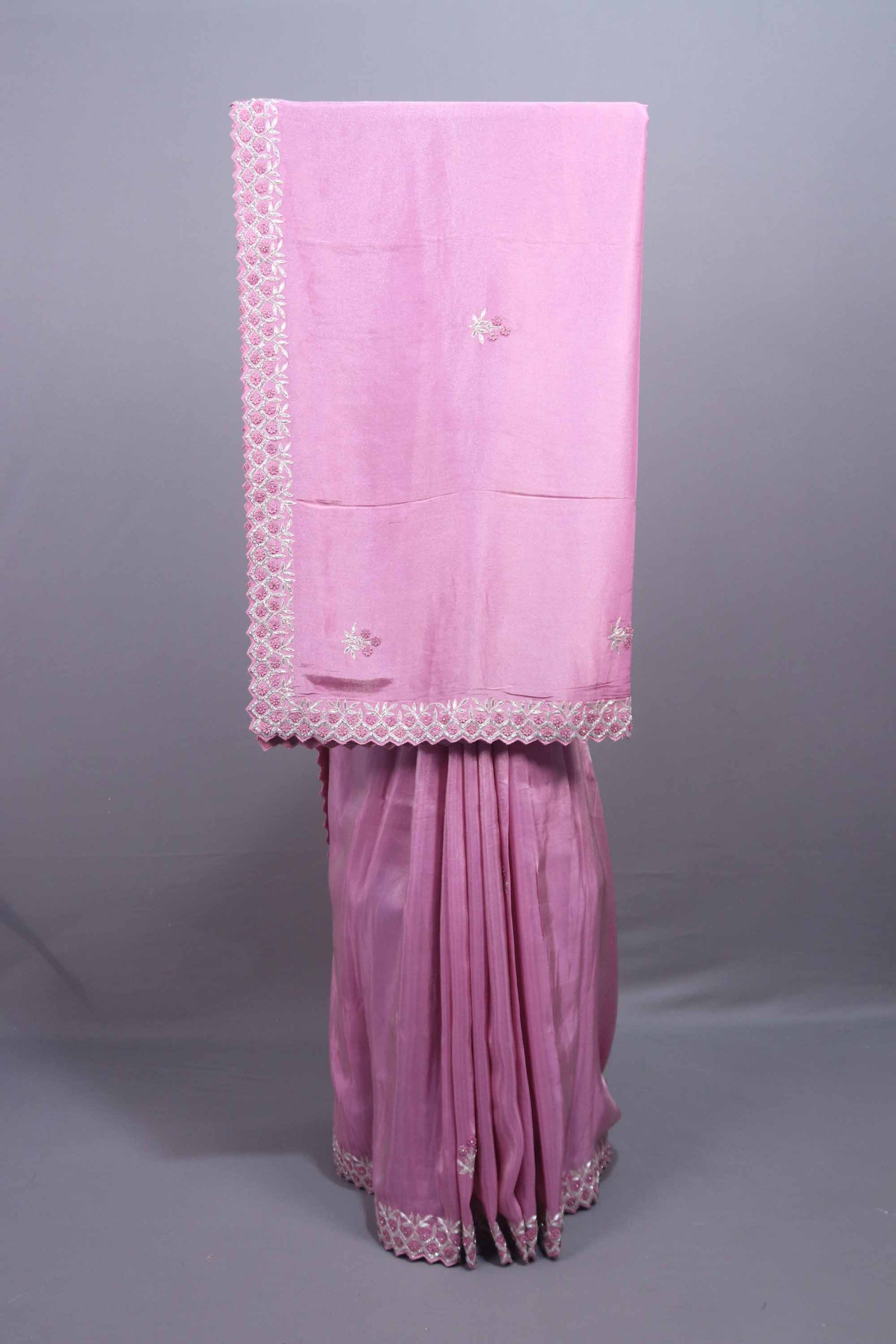 Pink Silk Saree with Floral Zari Embroidered Border Buti Work