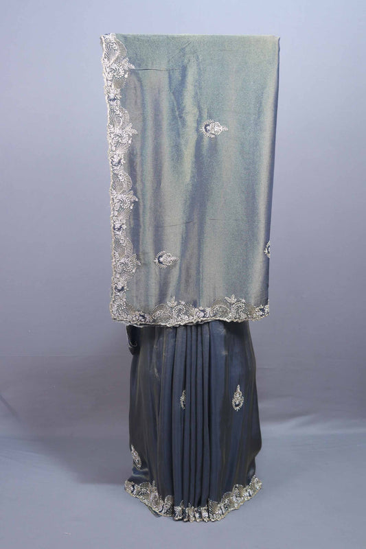 Steel Grey Silk Saree with Heavy Zari Embroidered Border Buti Work