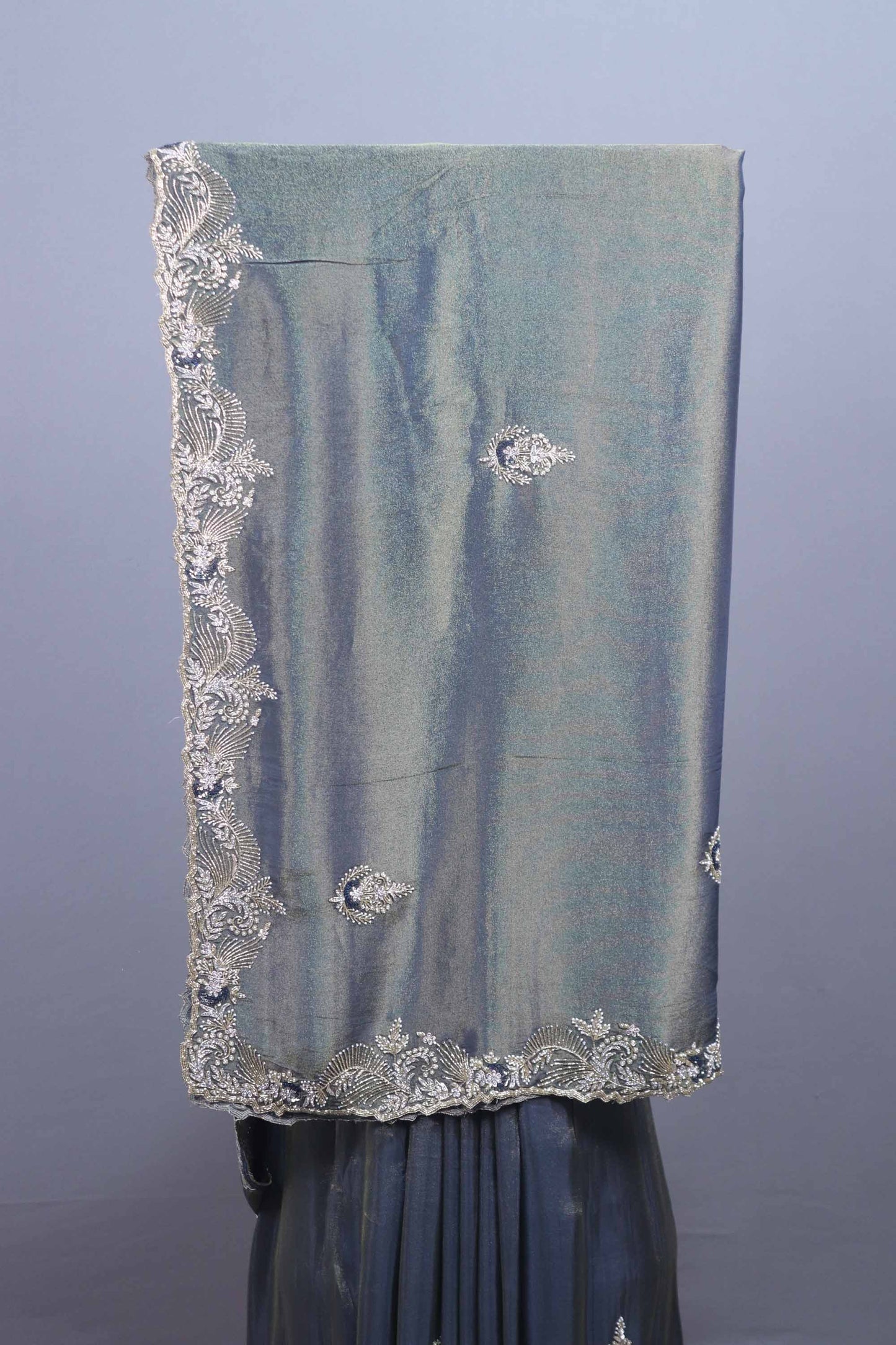 Steel Grey Silk Saree with Heavy Zari Embroidered Border Buti Work