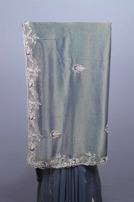 Steel Grey Silk Saree with Heavy Zari Embroidered Border Buti Work