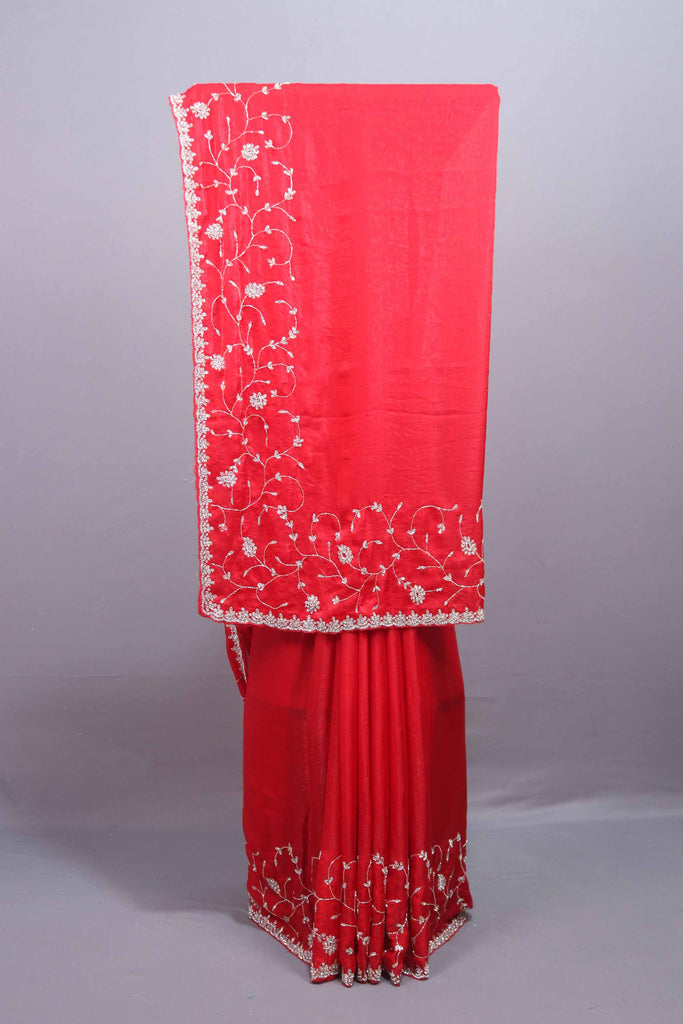 Red Silk Saree with Heavy Silver Zari Floral Embroidered Border 