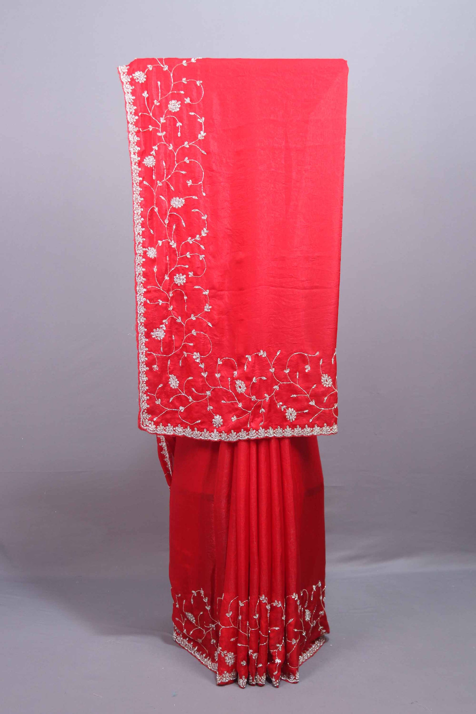 Red Silk Saree with Heavy Silver Zari Floral Embroidered Border 