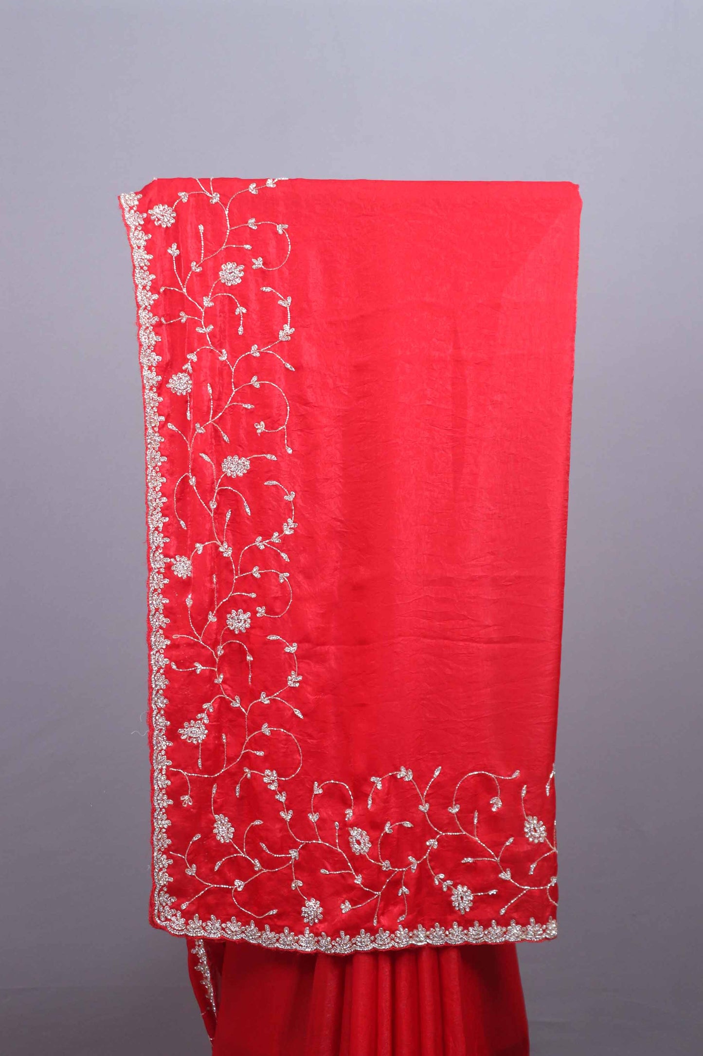 Red Silk Saree with Heavy Silver Zari Floral Embroidered Border