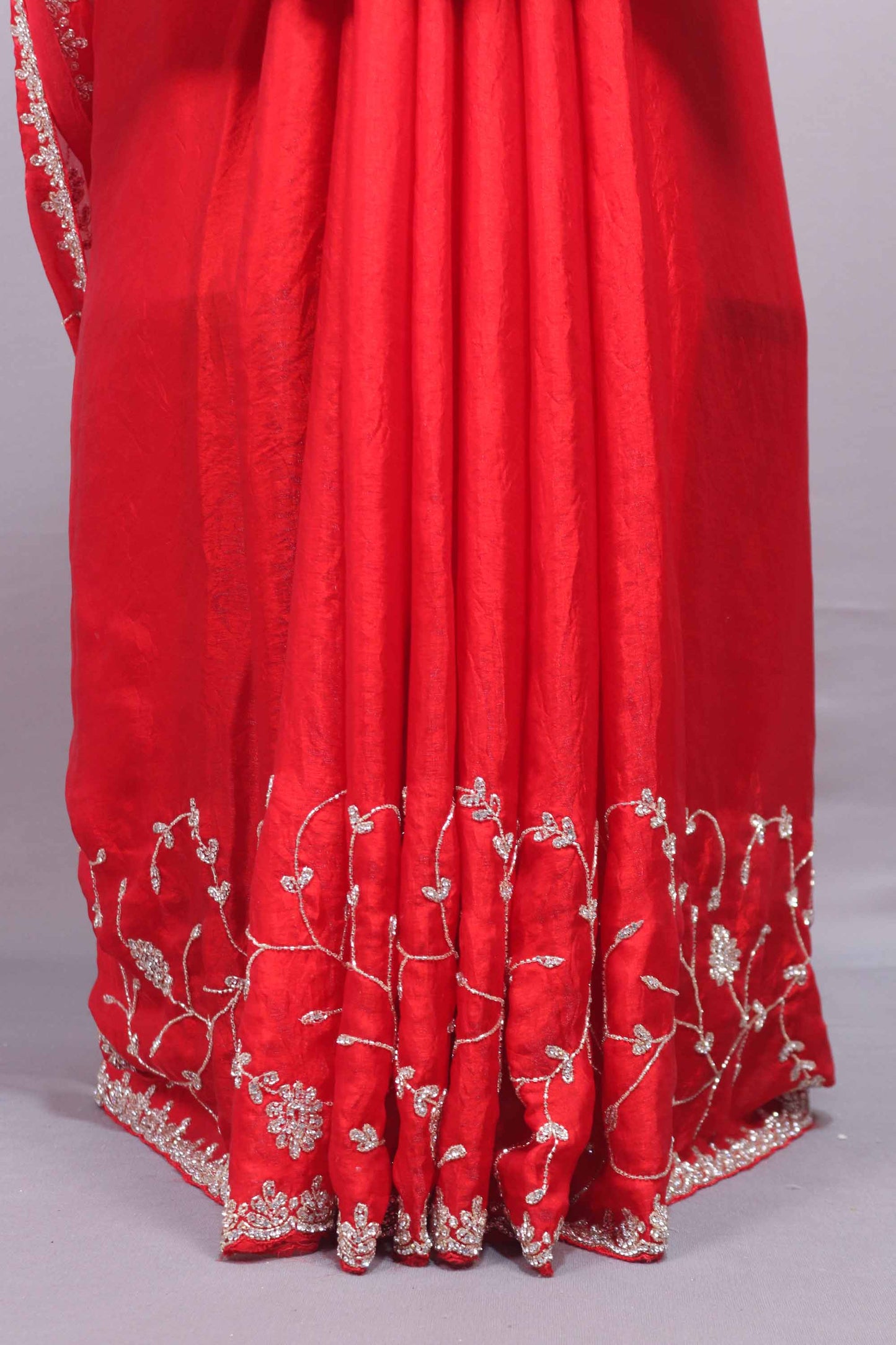 Red Silk Saree with Heavy Silver Zari Floral Embroidered Border