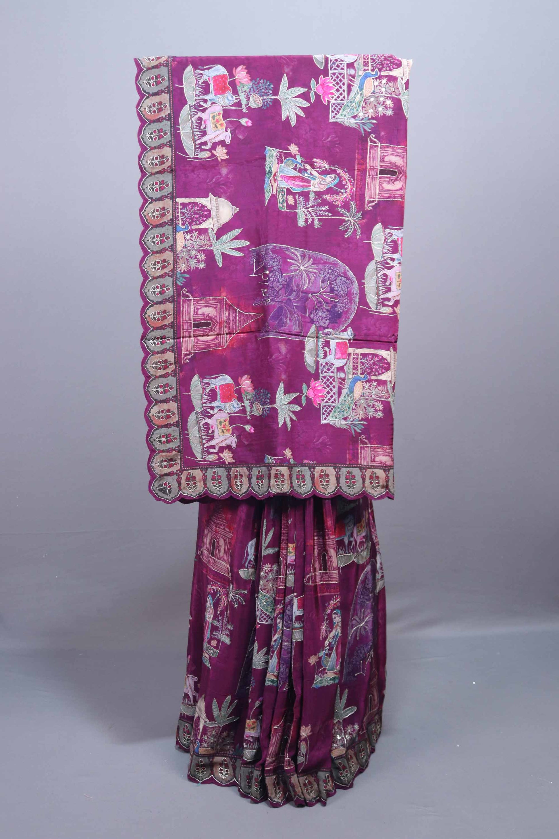 Rani Pink Designer Printed Saree with Traditional Elephant Palace Motif