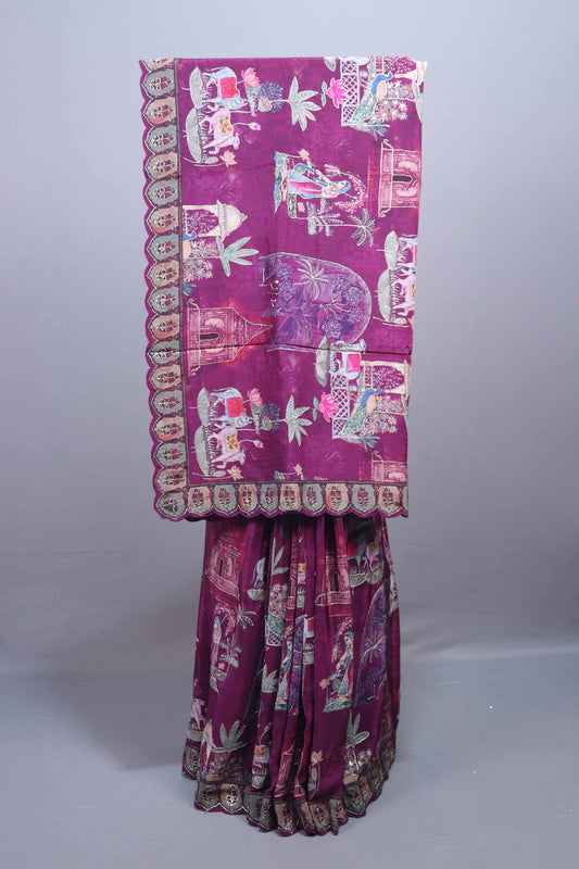 Rani Pink Designer Printed Saree with Traditional Elephant Palace Motif