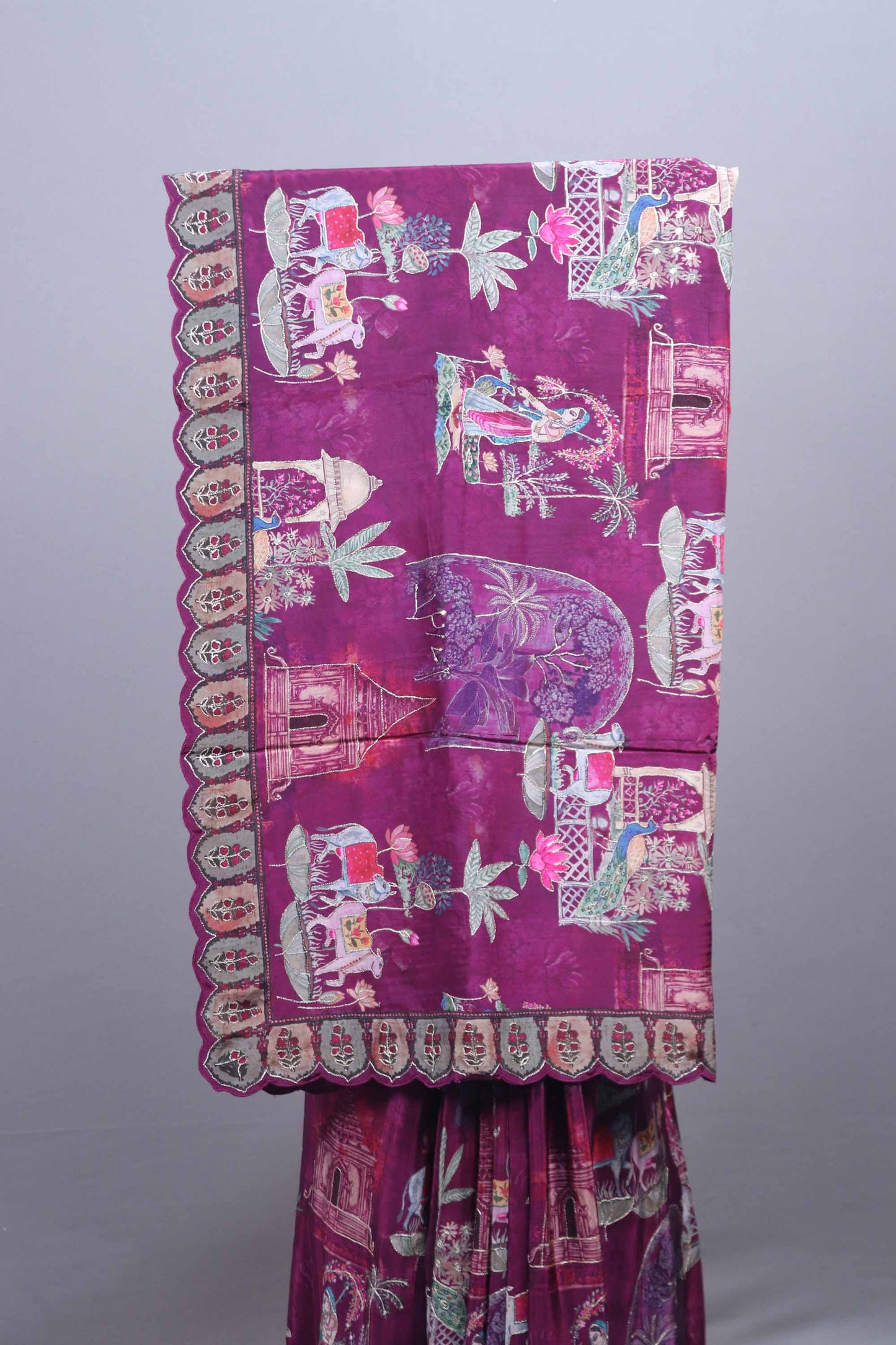 Rani Pink Designer Printed Saree with Traditional Elephant Palace Motif